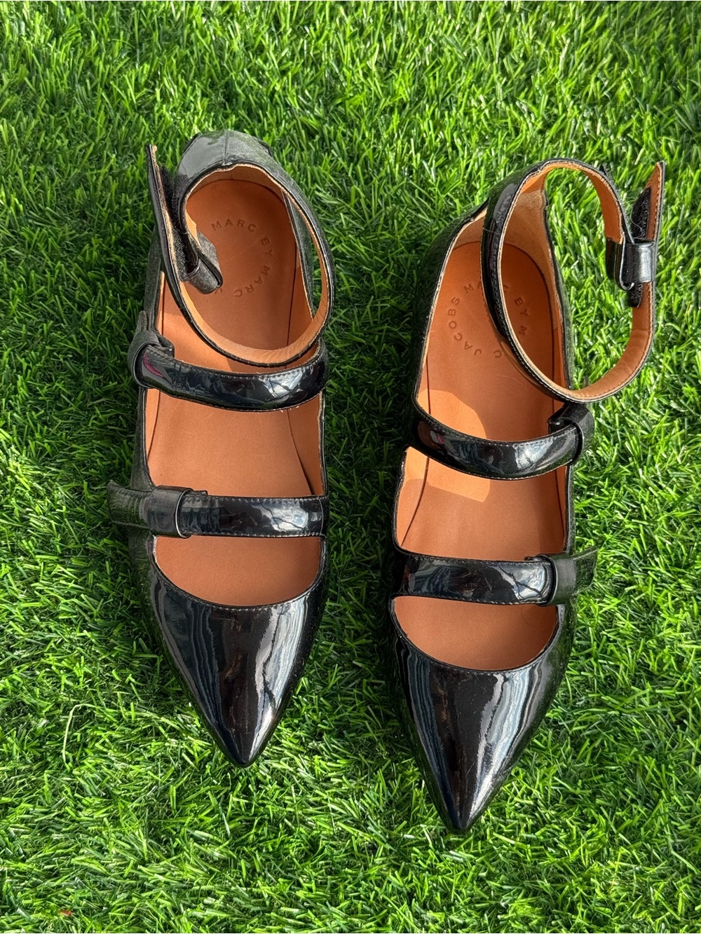 Marc by Marc Jacobs Black Patent Triple-Strap Pointed Flats